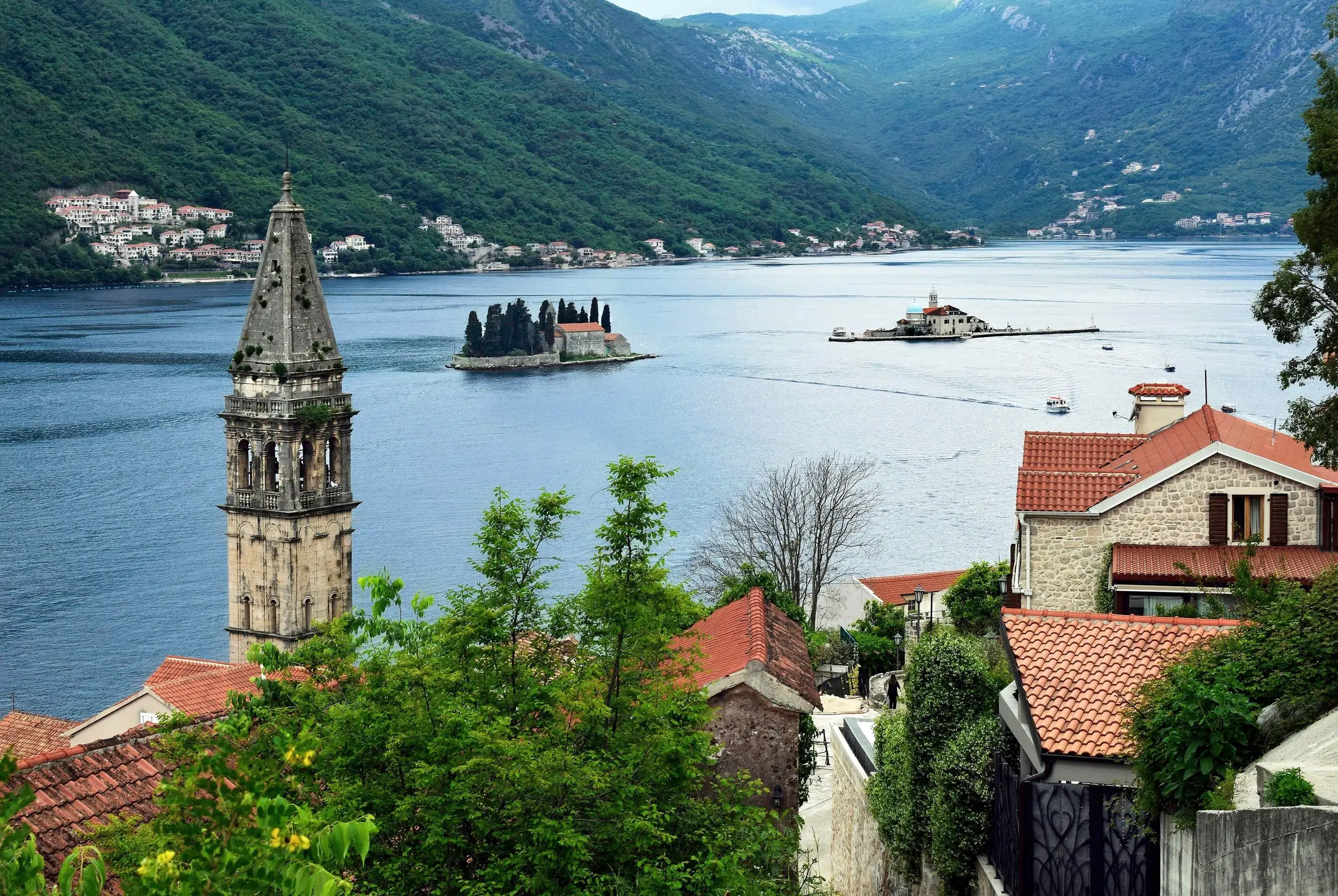 Perast bell tower with St George and Our Lady of the Rocks islands